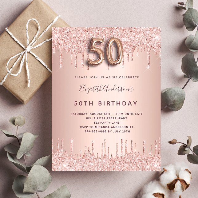 50th Birthday rose gold glitter pink luxury Invitation Postcard (Creator Uploaded)