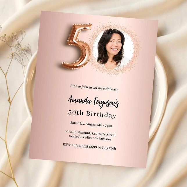 50th Birthday rose gold photo invitation (Creator Uploaded)
