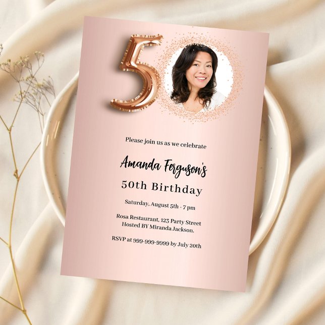 50th Birthday rose gold photo luxury Invitation (Creator Uploaded)
