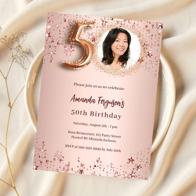 50th Birthday rose gold photo stars luxury Invitation (Creator Uploaded)