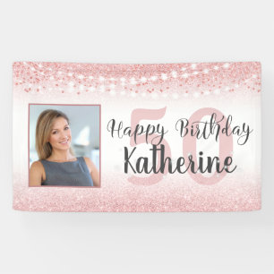 50th Birthday Rose Gold Piink Glitter Lights Photo Banner