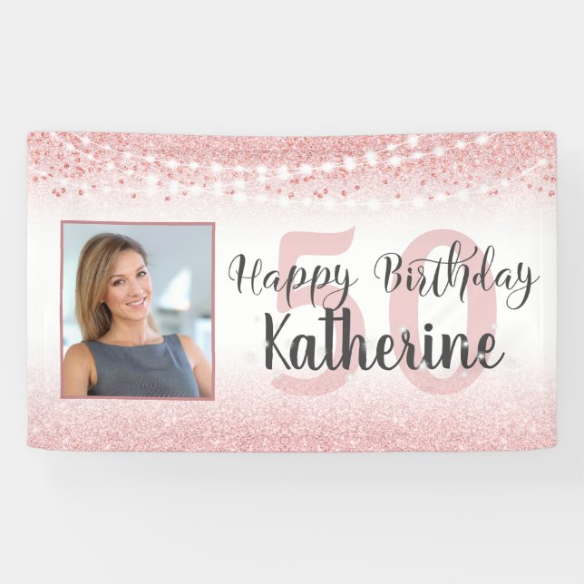 50th Birthday Rose Gold Piink Glitter Lights Photo Banner (Horizontal)