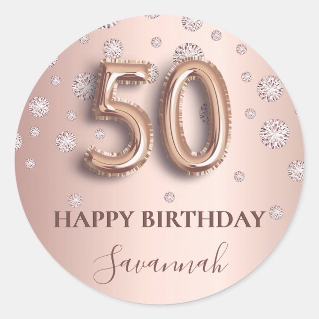 50th birthday rose gold pink diamonds balloon font classic round sticker (Front)
