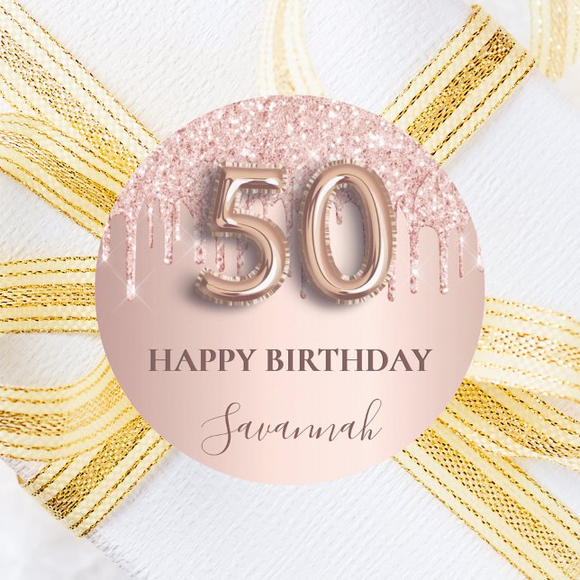 50th birthday rose gold pink drips classic round sticker (Creator Uploaded)