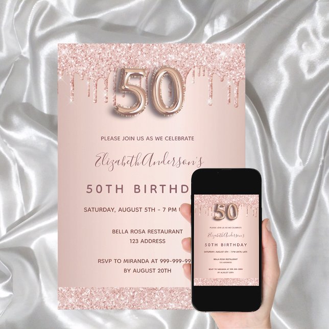 50th birthday rose gold pink drips invitation (Creator Uploaded)