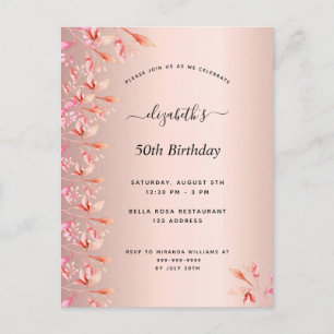 50th birthday rose gold pink floral invitation postcard