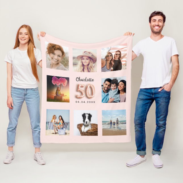 50th birthday rose gold pink photo collage name fleece blanket (In Situ)