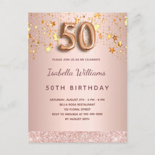 50th birthday rose gold pink stars balloon script postcard