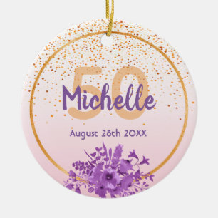 50th birthday rose gold purple florals ceramic tree decoration