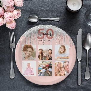 50th birthday rose gold silver photo paper plate