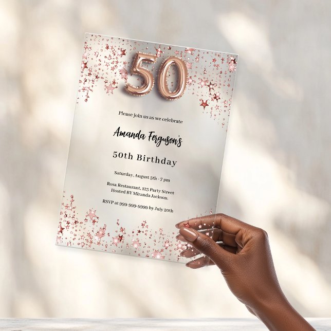 50th birthday rose gold stars clear party acrylic invitations (Creator Uploaded)
