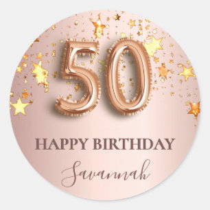50th birthday rose gold stars pink balloon font classic round sticker