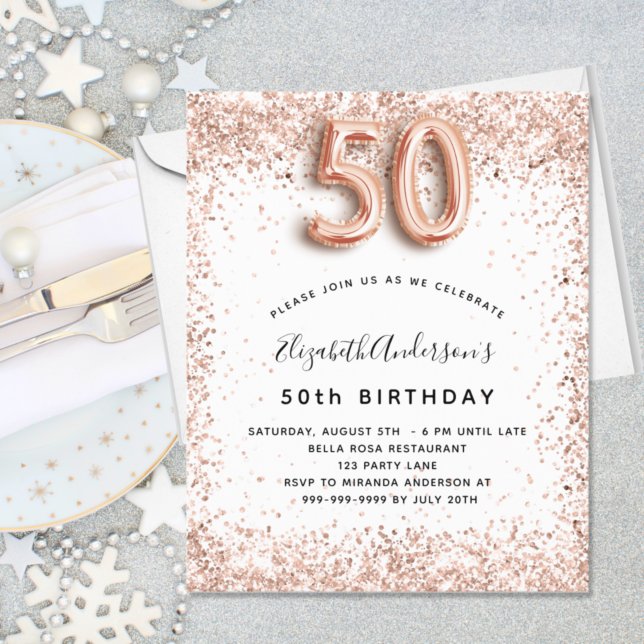 50th birthday rose gold white invitation (Creator Uploaded)