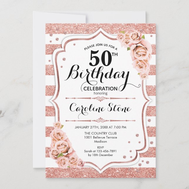 50th Birthday -  Rose Gold White Stripes Invitation (Front)