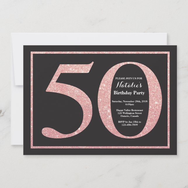 50th Birthday Rose Pink Gold Glitter Chalkboard Invitation (Front)