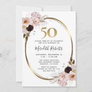 50th Birthday Roses Gold Metallic Floral Party Invitation