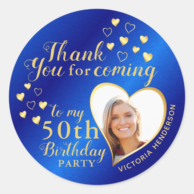 50th Birthday Royal Blue and Gold Thank You Favour Classic Round Sticker (Front)