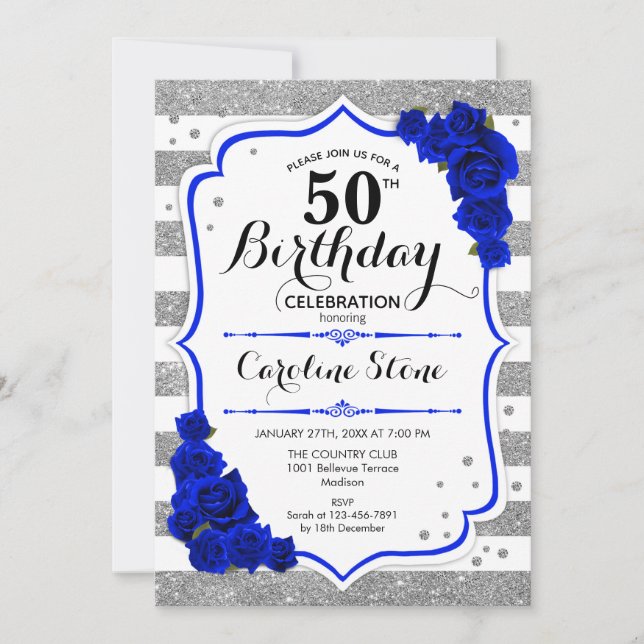 50th Birthday - Royal Blue Silver White Stripes Invitation (Front)