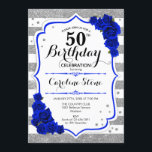 50th Birthday - Royal Blue Silver White Stripes Invitation<br><div class="desc">50th Birthday Invitation.
Elegant design in faux glitter silver,  white and royal blue. Features stylish script fort,  stripes and blue roses. Perfect for an elegant birthday party. Can be customized into any age.</div>