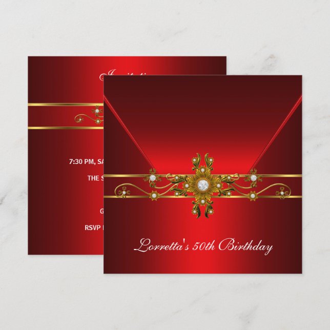 50th Birthday Royal Red Elegant Gold Jewel Invitation (Front/Back)