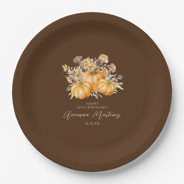 50th Birthday Rustic Boho Pumpkin Fall Custom Paper Plate (Front)