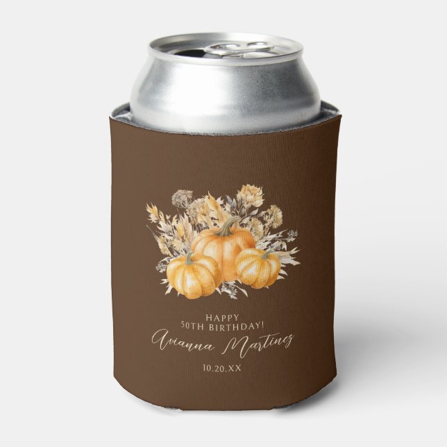 50th Birthday Rustic Boho Pumpkin Fall Foliage Can Cooler (Can Front)