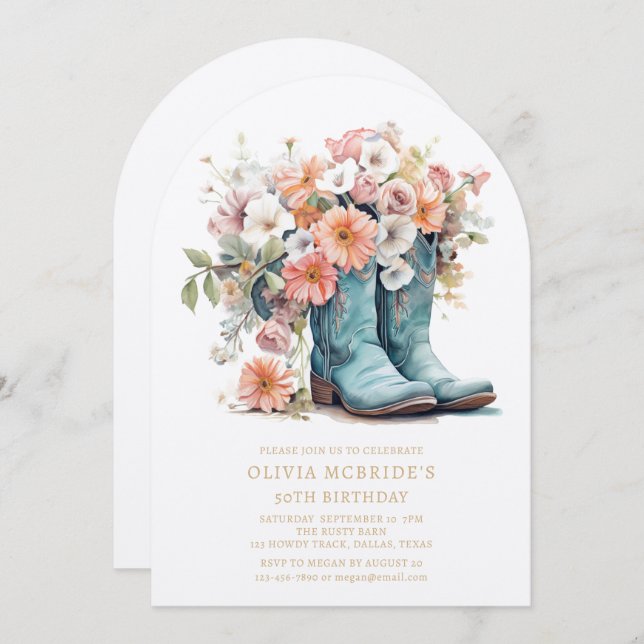 50th Birthday Rustic Cowgirl Boots Flowers Invitation (Front/Back)