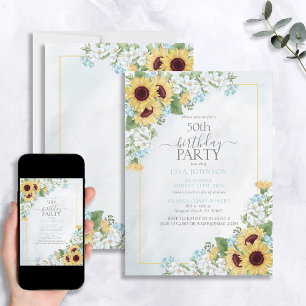 50th Birthday Rustic Dusty Blue Sunflower Script Invitation
