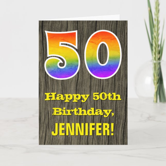 50th Birthday: Rustic Faux Wood Look, Rainbow "50" Card (Front)