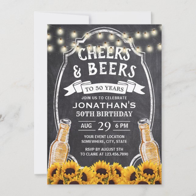 50th Birthday Rustic Sunflower Chalk Beer Party Invitation (Front)