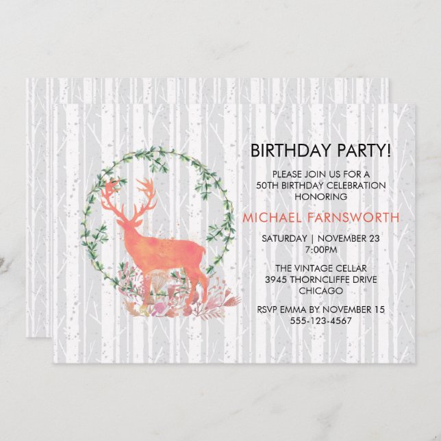 50th Birthday Rustic Watercolor Reindeer Boho Invitation (Front/Back)
