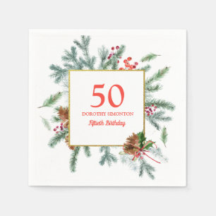 50th Birthday Rustic Winter Greenery  Napkin