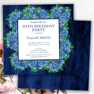 50th Birthday Rustic Wood Blue Hydrangeas Party Invitation