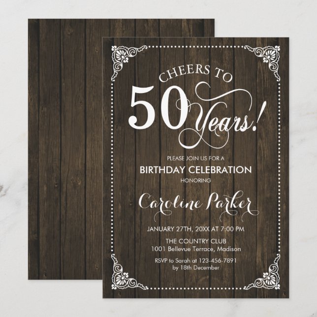 50th Birthday - Rustic Wood Invitation (Front/Back)