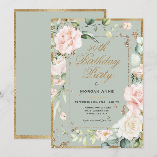 50th Birthday Sage Green Gold Watercolor Floral Invitation (Front/Back)