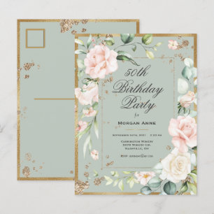 50th Birthday Sage Green Gold Watercolor Invitation Postcard
