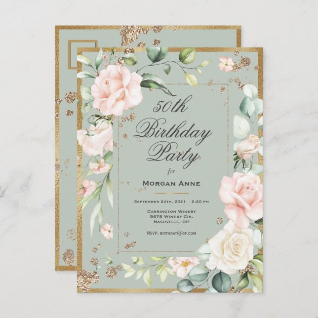 50th Birthday Sage Green Gold Watercolor Invitation Postcard (Front/Back)