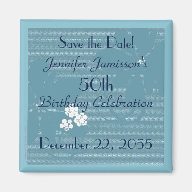 50th Birthday Save the Date Blue Floral Magnet (Front)