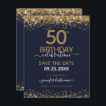 50th Birthday Save the Date Budget Invitation<br><div class="desc">Elegant Faux gold glitter with shimmering confetti highlights on the top and bottom border. All text is adjustable and easy to change for your own party needs. Great elegant 50th birthday template design.</div>