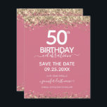 50th Birthday Save the Date Budget Invitation<br><div class="desc">Elegant Faux gold glitter with shimmering confetti highlights on the top and bottom border. All text is adjustable and easy to change for your own party needs. Great elegant 50th birthday template design.</div>