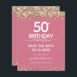 50th Birthday Save the Date Budget Invitation<br><div class="desc">Elegant Faux gold glitter with shimmering confetti highlights on the top and bottom border. All text is adjustable and easy to change for your own party needs. Great elegant 50th birthday template design.</div>