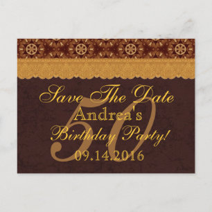 50th Birthday Save the Date Chocolate Gold Lace 01 Announcement Postcard