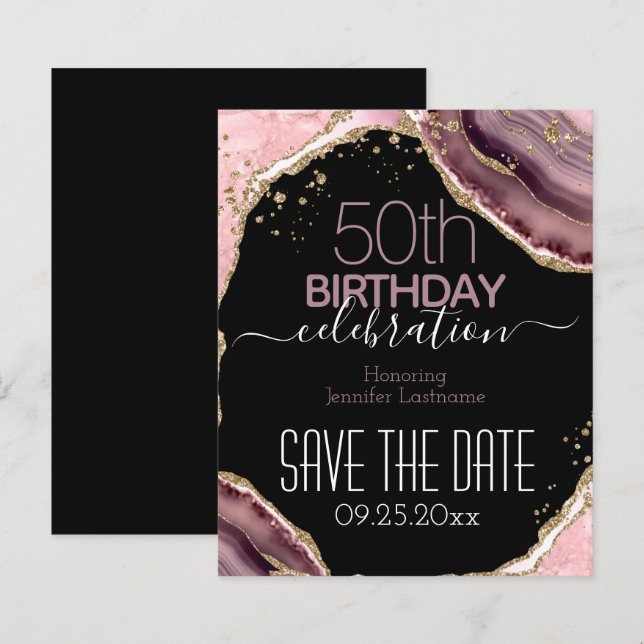 50th Birthday Save the Date Pink Agate Budget (Front/Back)