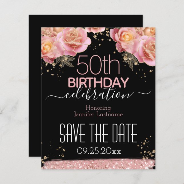 50th Birthday Save the Date Pink Floral Budget (Front/Back)