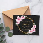 50th birthday Save the Date tropical black gold Postcard<br><div class="desc">A Save the date card for a tropical 50th birthday party. On front: Trendy tropical style. With a faux gold geometric frame decorated with pink hibiscus, flowers tropical florals with some greenery. A chic black background. Templates for a name and date. Golden letters. The name and the text: Save the...</div>