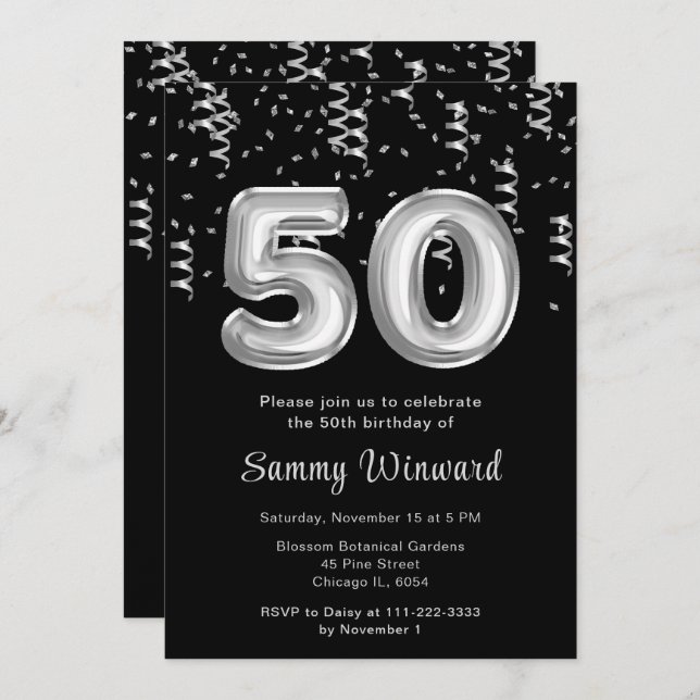 50th Birthday Silver Balloons with Confetti Invitation (Front/Back)