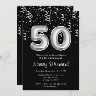 50th Birthday Silver Balloons with Confetti Invitation
