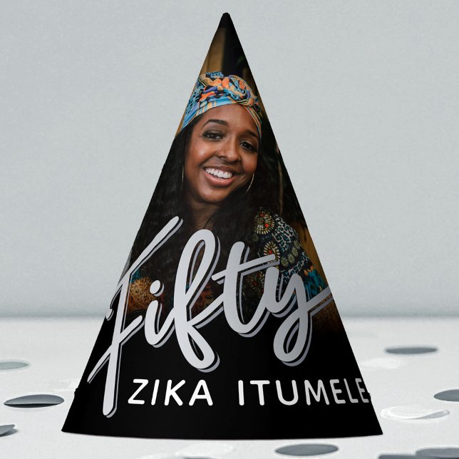 50th birthday silver black personalised photo name party hat (Creator Uploaded)