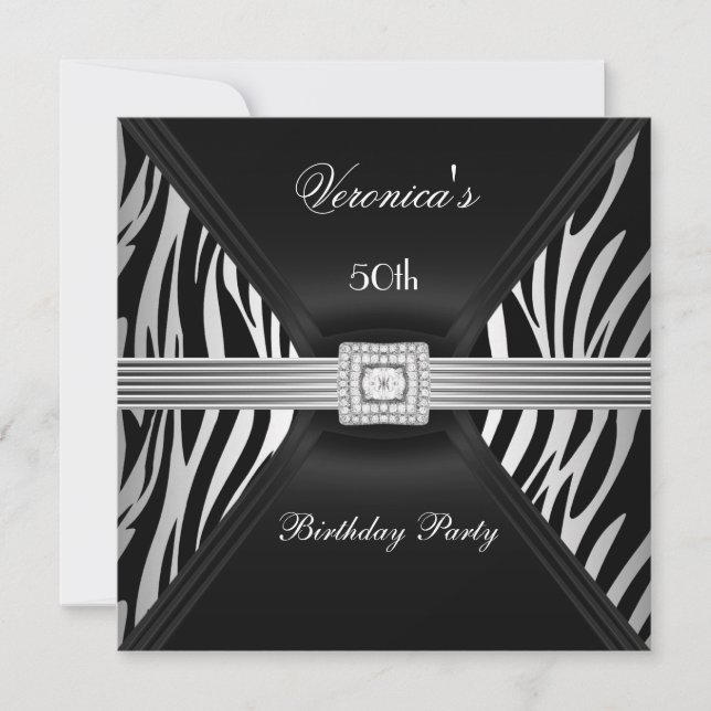 50th Birthday Silver Black Zebra Diamond  Jewel Invitation (Front)