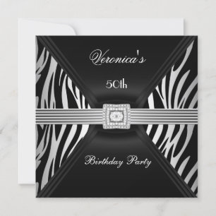 50th Birthday Silver Black Zebra Diamond  Jewel Invitation